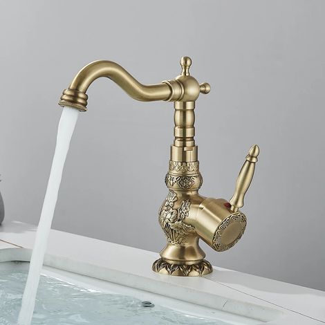 (Antique A1) Robinet d'évier de cuisine Uythner, style rétro, en laiton et bronze antique, à poignée unique, montage sur plage, mitigeur eau chaude/froide (1/5)