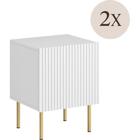 Set di 2 comodini Farini, Comò basso con anta battente e vano interno, Finitura effetto cannettato, 45x40 h51 cm, Bianco (1/4)