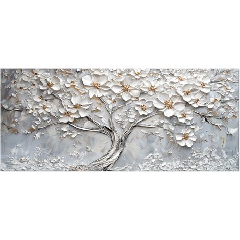 Lupia - Quadro moderno Canvas World TREE FLOWERS WHITE 52x122 cm, Stampa su Tela effetto Pennellate tridimensionale, Albero della Vita, Telaio in Legno, soggiorno capezzale camera da letto ufficio (1/4)