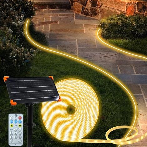 Tira LED solar 22 m (72 pies), 1200 LED, IP68 totalmente impermeable, Blanco cálido, Autoadhesiva recortable, Encendido/apagado automático (1/5)