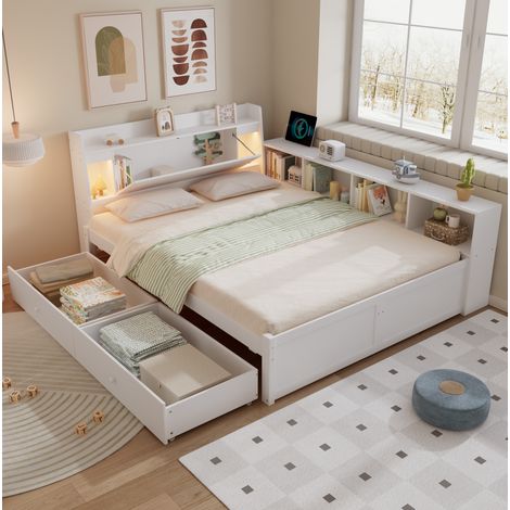 Cama doble moderna 140x200 cm blanca de madera maciza y MDF, cabecero con estante, luces y cajones (1/5)