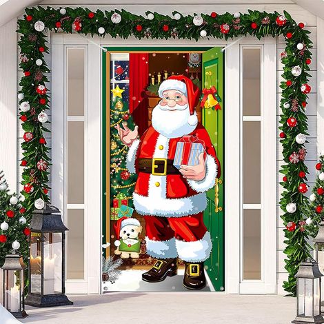 Décoration de porte de Noël Bannière décorative de porte de Noël 90 x 200 cm - Accessoire photo amusant avec le Père Noël, décoration de Noël, bannière de porte de Noël (1/5)