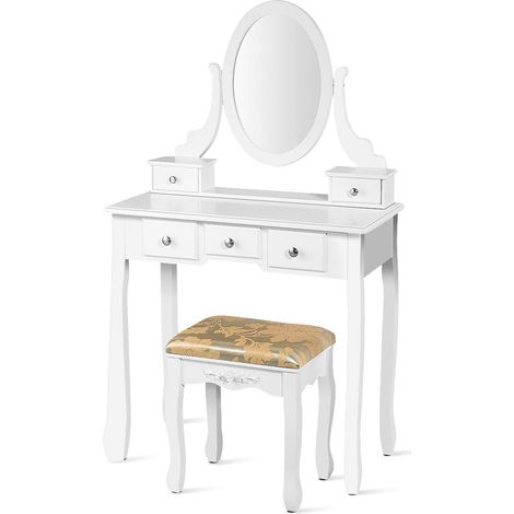 COSTWAY Set Tocador con Espejo Giratorio, Mesa para Maquillarse Escritorio Multifuncional con Taburete Acolchado (Blanco) (1/5)