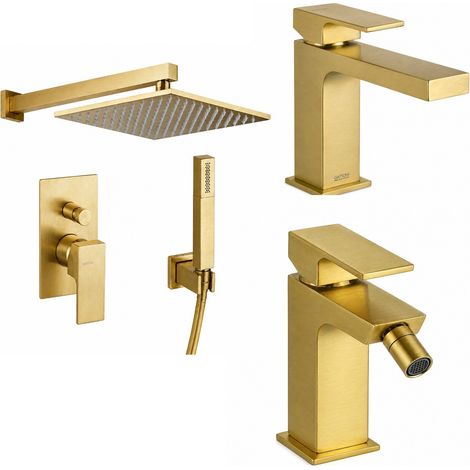 Set miscelatori lavabo, bidet e kit doccia in colore oro spazzolato Gattoni SQUARE KITSQUARESG4