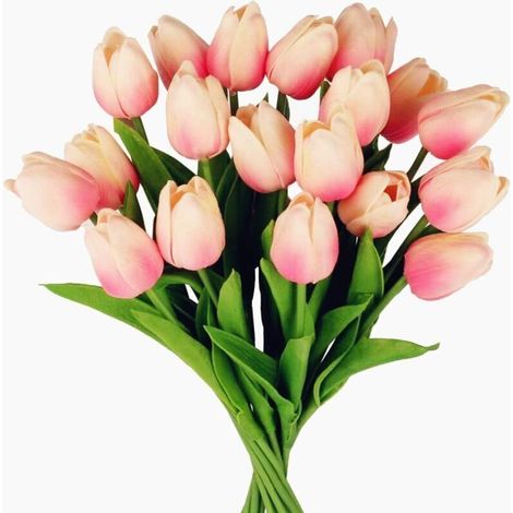 24 pcs Tulipes artificielles en Latex, réaliste Simple Tige Tulipe Faux Bouquets de Fleurs de mariée pour la Maison, Mariage, fête, décoration de Bureau, Arrangements Floraux (Rose Clair) (1/5)