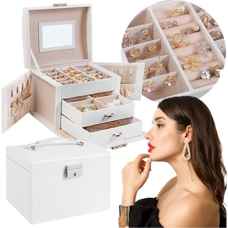 Caja organizadora de joyas grande blanca con espejo (1/5)