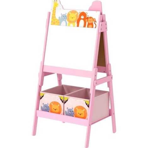 Caballete infantil 2 en 1 con pizarra blanca y negra, 2 cajas de almacenaje, rosa (1/5)