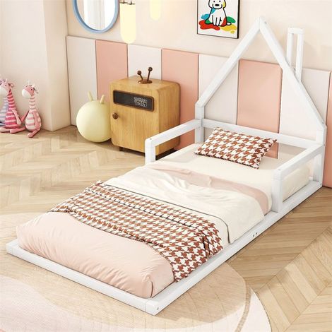 Lit enfant 90x200 cm forme maison en pin massif blanc - sommier à lattes, charge 120 kg (1/5)