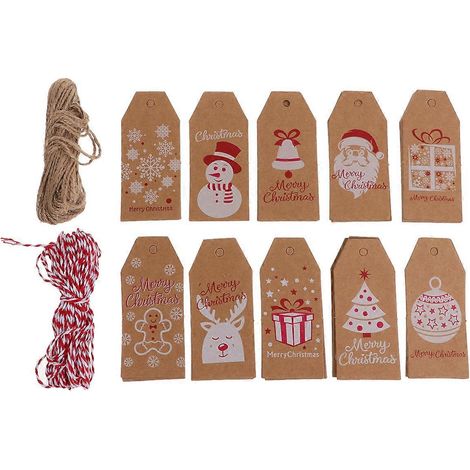 100 étiquettes de Noël rétro en papier kraft à suspendre, avec 10 m de corde rouge et 10 m de corde en chanvre.-9x4cm (1/2)