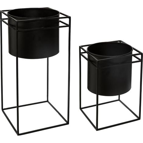 Set de 2 Pots noir avec support en métal -PEGANE- (1/2)
