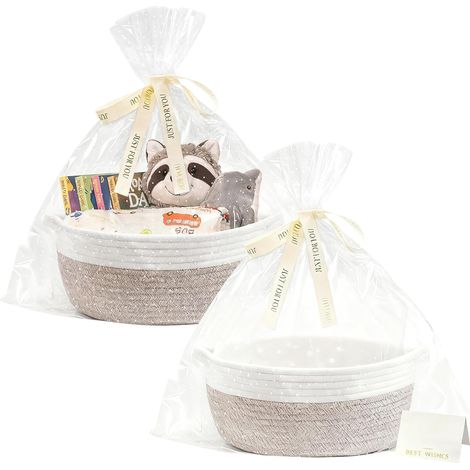 Geschenkkorb, 2-teiliges leeres Geschenkkorb-Set, geflochtener Korb mit 2 durchsichtigen Geschenktüten, 2 bunten Bändern und 2 Grußkarten für Babypartys, Geburtstage, Hochzeiten, Erntedankfeste und We (1/5)