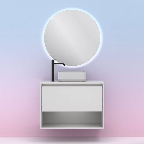 Mueble de baño suspendido 80 cm blanco brillo con lavabo sobre encimera - Inghilterra - Blanco 80 cm Con espejo y lámpara LED - Misura: 80 cm - Colore: Bianco - Accessorio: Standard