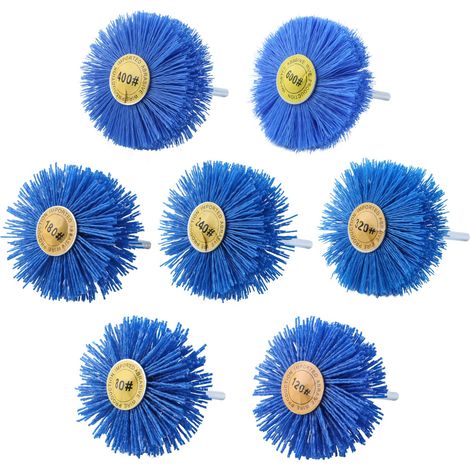 Lot de 7 brosses abrasives en nylon pour perceuse avec tige de 6,35 mm 80 120 180 240 320 400 600 grains pour polir, enlever la rouille et la peinture, bleu (1/5)