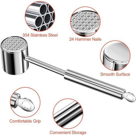 Marteau A Viande - Acier Inoxydable 304 - Double Face Avec Picots Et Surface Plane - Pour Steak Poulet Boeuf Poisson - 1 Pièce (1/3)