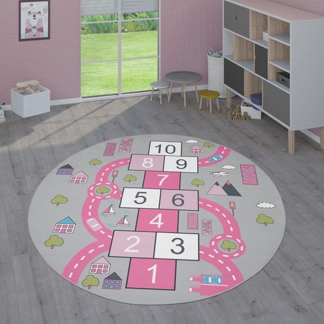 Paco Home Tapis Enfant, Tapis Poils Ras Chambre Enfant Différents Designs Tapis Jeu Coloré 160 cm rond, Pink 2 (1/5)