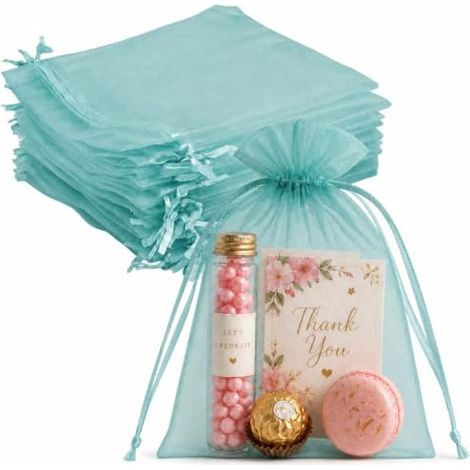 Lot de 100 sacs en organza transparent avec cordon de serrage - 12,7 x 17,8 cm - Pour fête prénatale, fête de mariage - Bleu sarcelle (1/5)