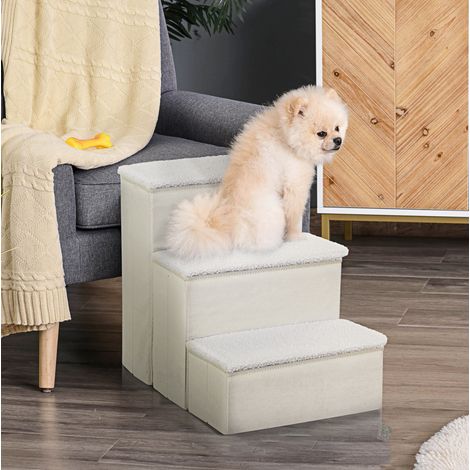 Klappbare Haustiertreppe mit 3 Stufen und Stauraum aus weißem MDF, 40 x 54 x 48 cm (1/5)