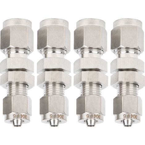 Raccord droit à cloison à compression 2 touches 4 pièces en acier inoxydable 304 pour tube 6x4 mm (1/5)