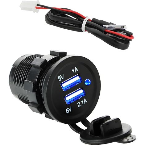 Prise de Chargeur USB, Double Prise d'alimentation Universelle étanche, Sortie 12 V-24 V 5 V 2,1 A Chargeur Rapide avec Chargeur LED (Bleu) pour Bateau, vélo (1/5)