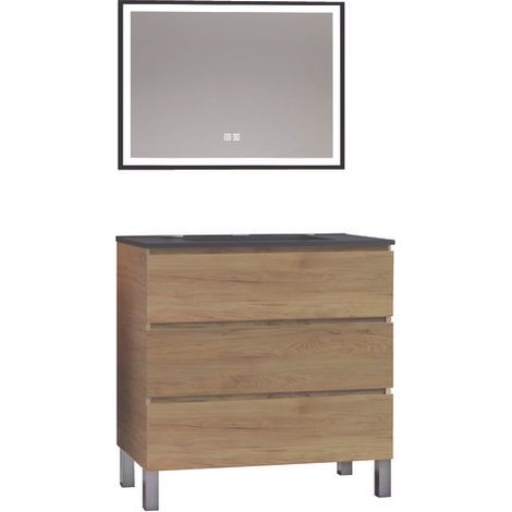 ONDEE ZEN - Meuble salle de bain TRENDY - 80 cm - Bois - 3 Tiroirs - Plan noir + miroir SELENA (1/3)