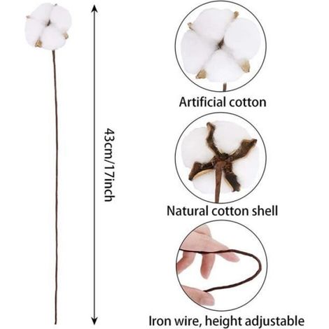 20 PièCes Tiges de Coton, Fausses Fleurs de Coton, Tiges Florales de Coton Artificielles DéCorations de Ferme pour Vase DéCor à la (1/4)