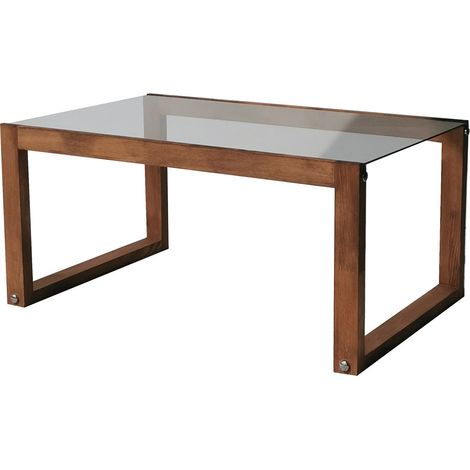 Petite table basse en bois massif marron et plateau en verre trempé Darone 85cm (1/5)