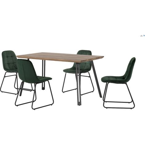 Quebec Straight Edge Dining Set with Lukas Chairs - Medium Oak Effect/Black/Emerald Green Velvet (1/5)