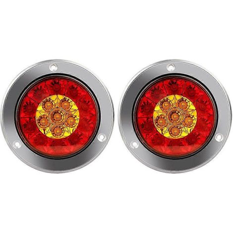Lot de 2 feux arrière ronds de 10 cm (4 pouces) pour camions et remorques, étanches, à 16 LED rouges/ambre et clignotants (12-2). (1/4)