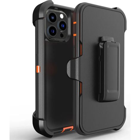 (Noir/Orange, iPhone 16e) Étui de protection premium 3-en-1 ultra-résistant avec clip ceinture antichoc et armure renforcée (1/5)
