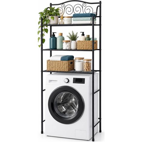 Relaxdays Washing Machine Shelf, 3 Shelves, Metal, Toilet Shelf, HWD: 163 x 60 x 23 cm, Black (1/5)
