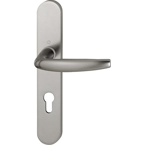 Hoppe – Béquille double sur plaque emboutie Atlanta en aluminium aspect inox – Entraxe 195 mm – Épaisseur de porte 58 à 67 mm – Clé I