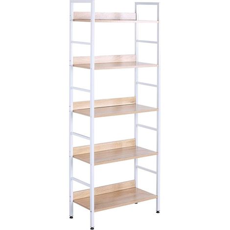 WOLTU Standregal Hochregal Bücherregal Metallregal Schuhregal Badregal Blumentreppe aus Holz und Stahl, mit 5 Ablagen, ca. 60 x 27,5 x 160 cm, Eiche