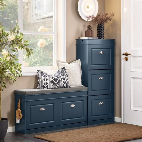 SoBuy Schuhbank mit Sitzfläche Sitzbank mit Stauraum und 2 Klappen, schmaler Schuhschrank mit Sitzbank & Schuhregal platzsparend, Schuhablage für Flur & kleine Räume, 104x52x24cm, Blau, FSR64-B