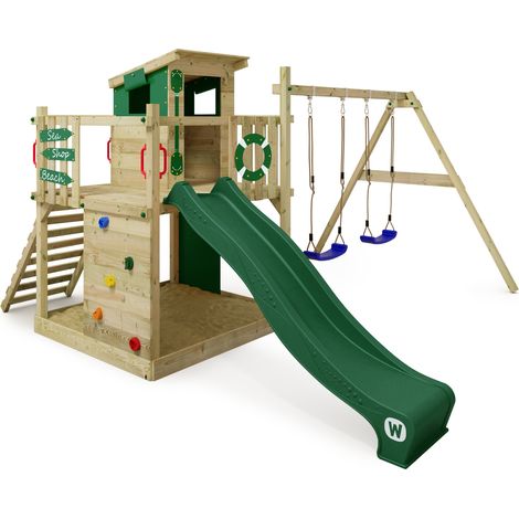 Wickey Wooden climbing frame Smart Camp with swing set and slide, Playhouse on stilts for kids with sandpit, climbing ladder & play-accessories - green (1/5)