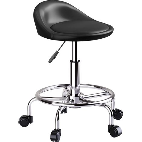 Beyamis Höhenverstellbarer Rollhocker mit Rückenlehne, Drehhocker, 59–75 cm, Arbeitshocker, 360° drehbar, schwarz