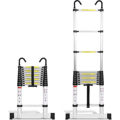 TolleTour Échelle télescopique escabeau 3,2m argentée avec stabilisateur et crochets, 150kg