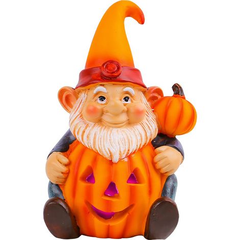 Nain de jardin en résine lumineux avec citrouille, décoration extérieure originale pour Halloween, figurine décorative d'automne (1/5)