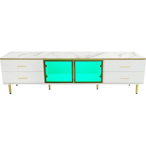 Mueble TV blanco con efecto mármol 170 x 37 x 47,5 cm con LED y 4 cajones (1/5)