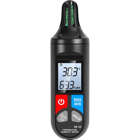 Thermomètre hygromètre portable SK-33 – Haute précision ±1°C / ±5% HR, écran rétroéclairé, fonction maintien des données (Min/Max), arrêt automatique, pour usage domestique, agricole et en entrepôt (1/5)