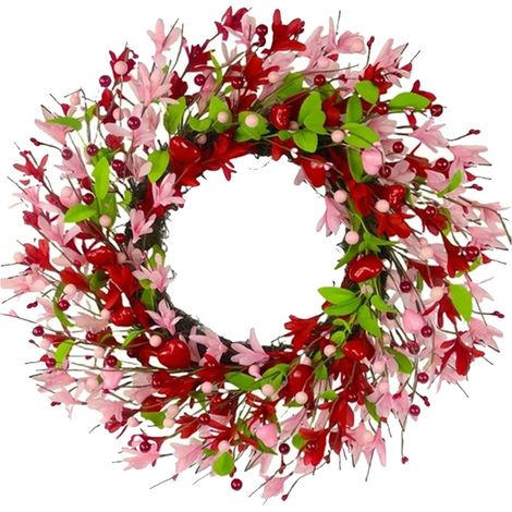 Guirlande De Porte - Guirlande Artificielle En Forme De Coeur Avec Fleurs De Forsythia Et Baies Rouges - 45 Cm - Pour Décoration De Saint-Valentin (1/5)