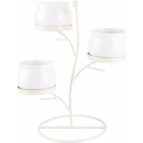 Pot de Fleurs en Céramique Ronde avec Support Fer Forgé Décoratif pour Intérieur RT016‑B Blanc (1/5)