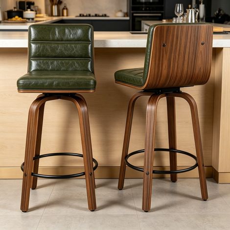 Taburete de bar, tapizado en cuero PU, respaldo ergonómico, anillo reposapiés, metal y madera, verde (1/5)