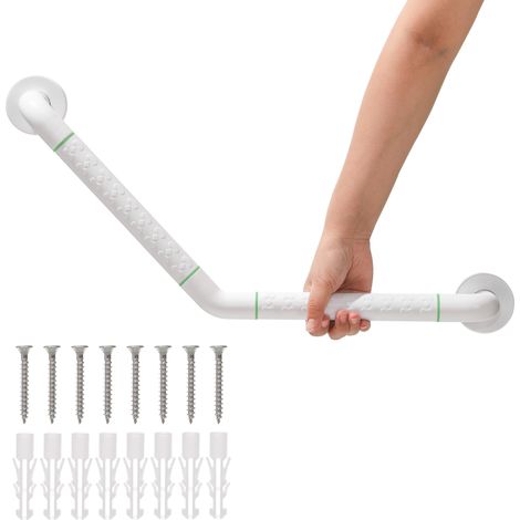 Barre d'appui de baignoire à 135° avec poignée antidérapante et cercles lumineux de sécurité, poignée de bain en acier inoxydable, poignée murale de douche, porte-serviette. (1/5)