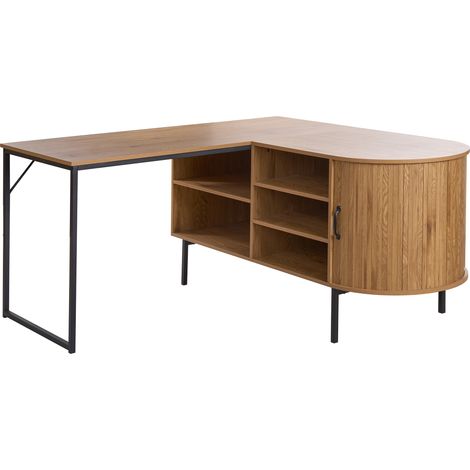 Escritorio esquinero de oficina con 3 estantes y puerta corredera 140 x 140 cm marrón claro con negro Solari (1/5)