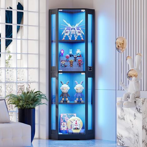 JOOKGBD–Vitrine en verre avec capteur de mouvement intelligent et éclairage LED,2 portes vitrées,4 étagères,pour collection,salon,chambre,bureau,noir
