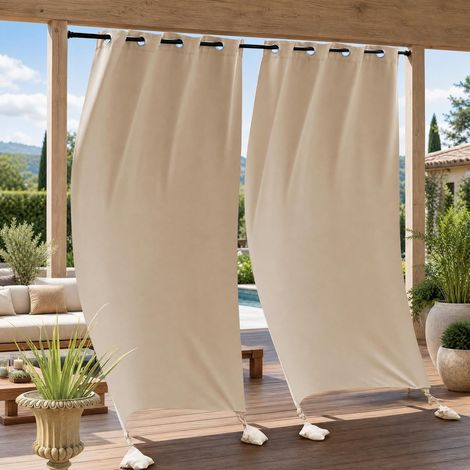 Lot de 2 rideaux d'extérieur avec œillets et sacs lestés - Résistant aux intempéries - Protection solaire - Pour tonnelle, terrasse, balcon (1/5)
