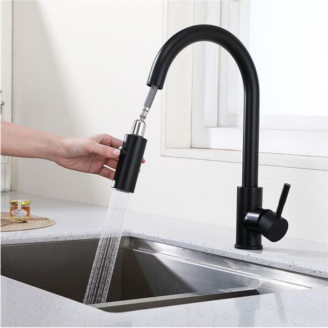 Robinet de Cuisine avec Douchette Extractible Mitigeur Cuisine Bec Rotatif Mitigeur d'Évier en Acier Robinet Noir avec 2 Jets pour Cuisine