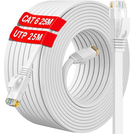Câble Ethernet Cat 6 25m - Câble Réseau RJ45 Plat Gigabit 10/100/1000Mbit/s 250MHz Blanc Cable Internet LAN, Cable LAN Plus Rapide Que Cat5e/Cat5, pour Routeur Modem Switch (25 Clips) (1/5)
