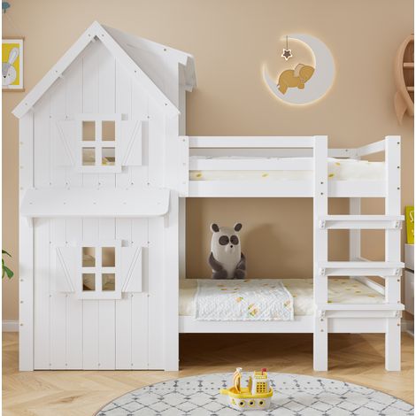 Bett Kinder-Etagenbett mit Dach und Fenstern, Massivholz+MDF weiß, 90x200 cm, mit seitlichen Sicherheitsgittern (1/5)