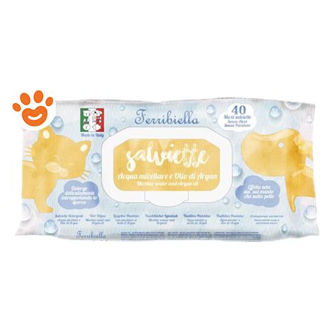 Ferribiella Dog & Cat Salviette Detergenti Acqua Micellare e Olio di Argan  - Ferribiella Dog & Cat Salviette Detergenti Acqua Micellare e Olio di Argan - Confezione da 40 Salviette